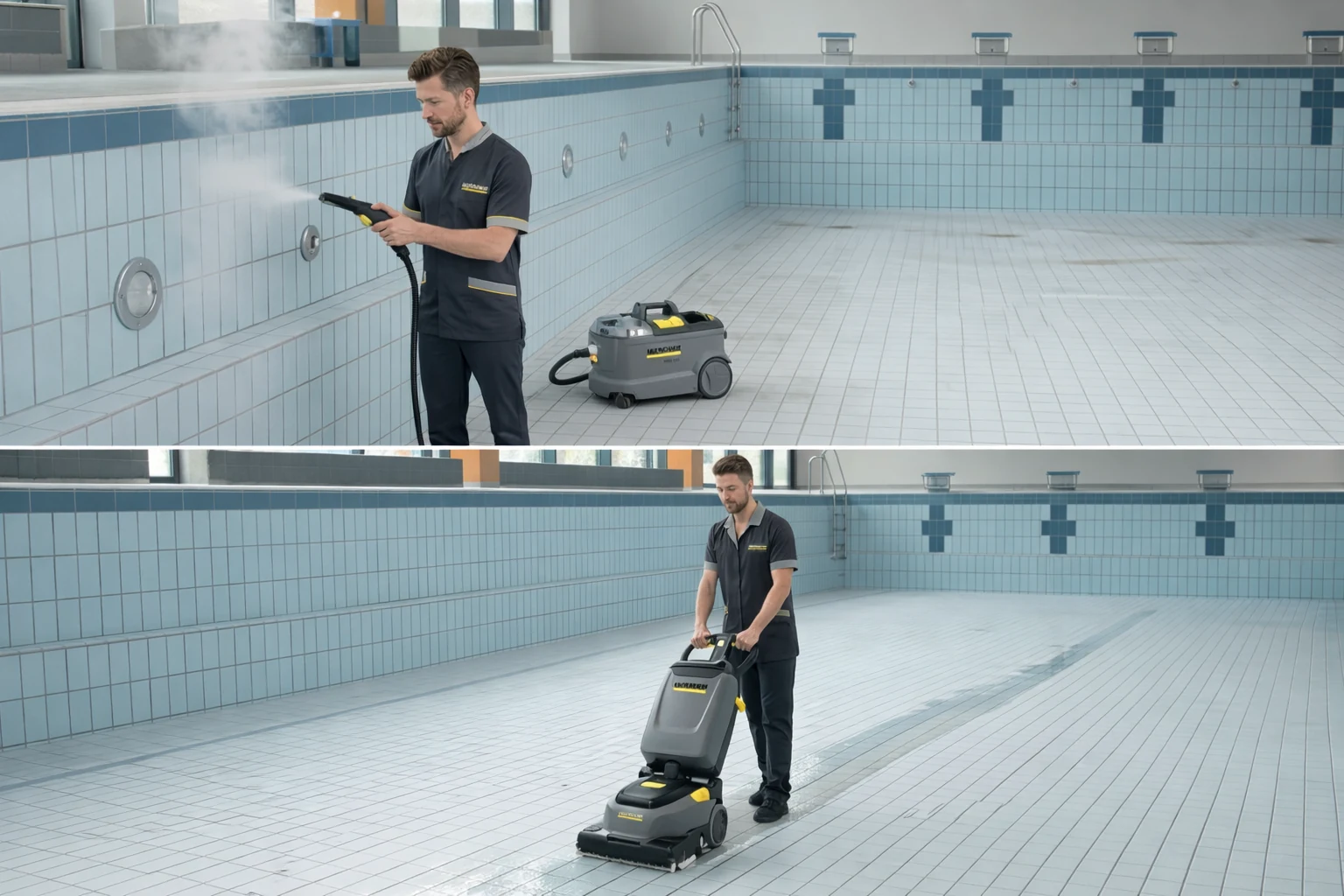 Empty pool tile and floor deep cleaning